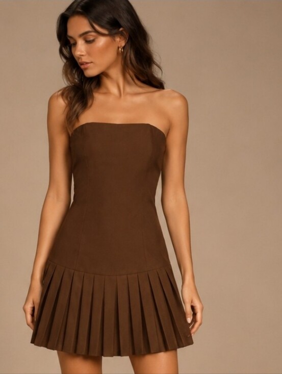PrettyLittleThing Dresses & Skirts - PrettyLittleThing Strapless Brown Pleated Dress Size 4